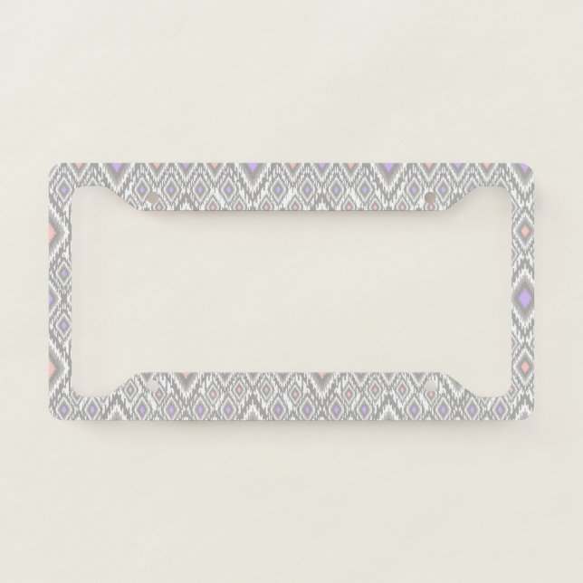 Grey, lilac, coral, diamonds on a white license plate frame (Front)