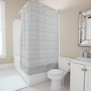Grey, lilac, coral, diamonds on a white shower curtain