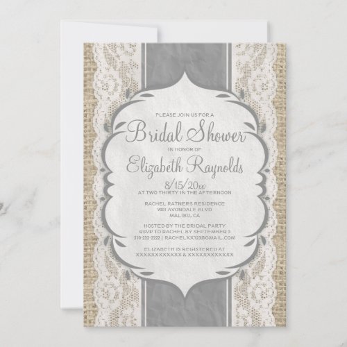 Grey Linen Burlap &amp; Lace Bridal Shower Invitations