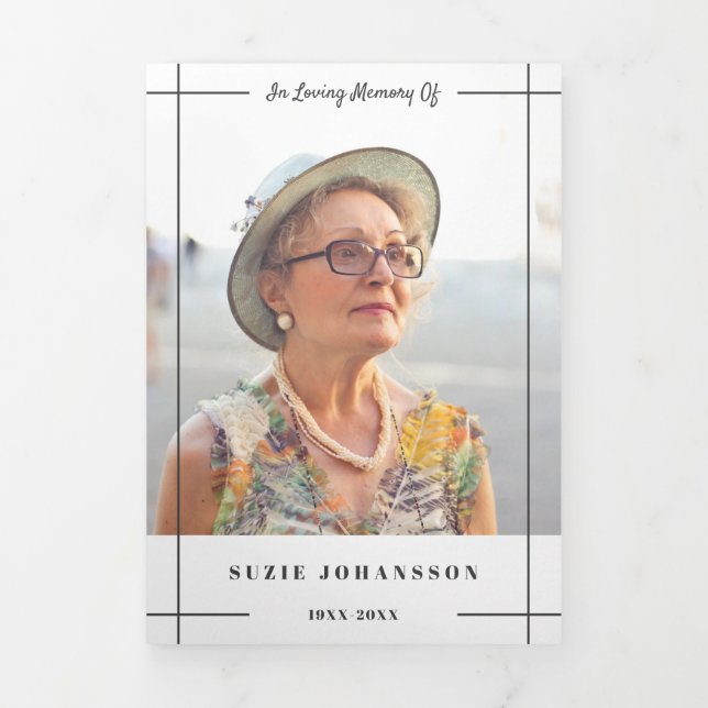 Grey Lines In Loving Memory Photo Funeral Tri-Fold Program (Cover)