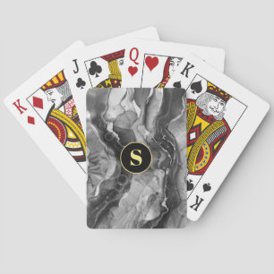 Grey Liquid Ink, Yellow Monogram Poker Cards