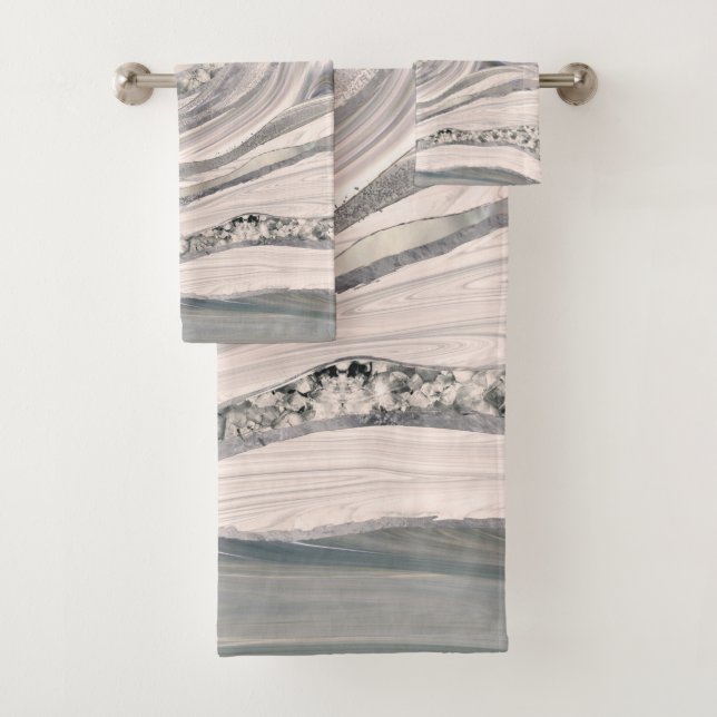 Grey liquid marble and crystal - pearl and silver bath towel set (Insitu)
