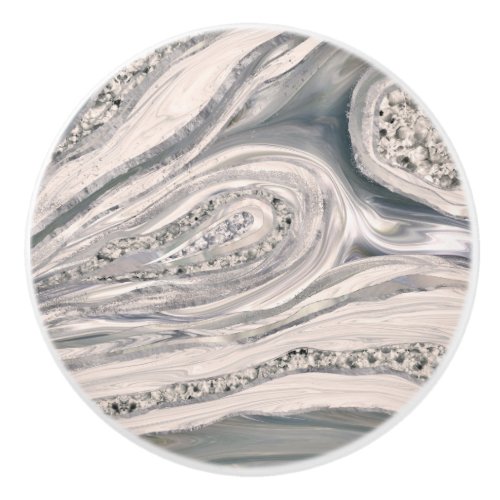 Grey liquid marble and crystal _ pearl and silver ceramic knob