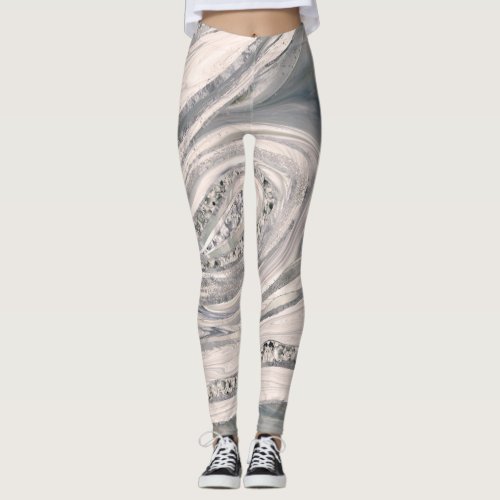 Grey liquid marble and crystal _ pearl and silver leggings
