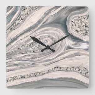Grey liquid marble and crystal - pearl and silver square wall clock