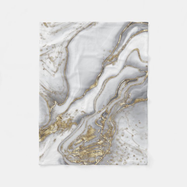 Grey liquid marble - pearl and gold fleece blanket (Front)