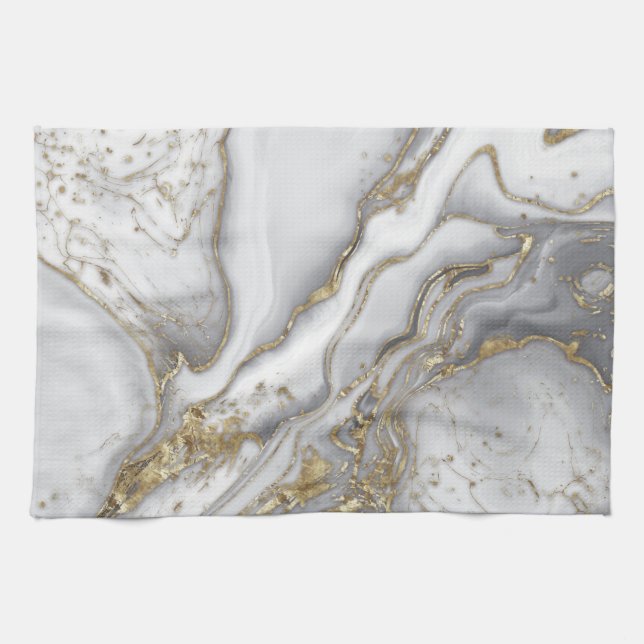 Grey liquid marble - pearl and gold kitchen towel (Horizontal)