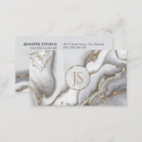 Grey liquid marble _ pearl and gold monogram business card