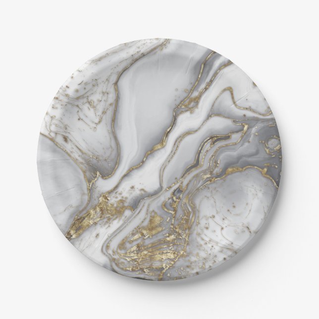 Grey liquid marble - pearl and gold paper plates (Front)