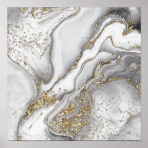 Grey liquid marble _ pearl and gold poster