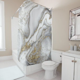 Grey liquid marble - pearl and gold shower curtain
