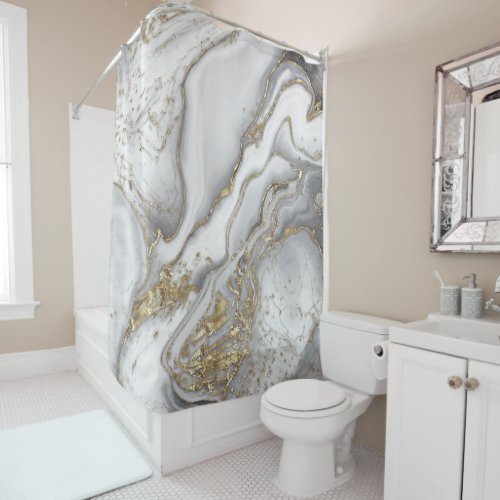 Grey liquid marble _ pearl and gold shower curtain