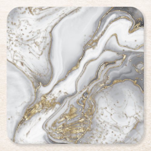 Grey liquid marble _ pearl and gold square paper coaster