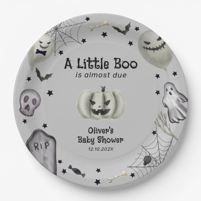 Grey Little Boo Ghost Halloween Boy Baby Shower  Paper Plates (Front)
