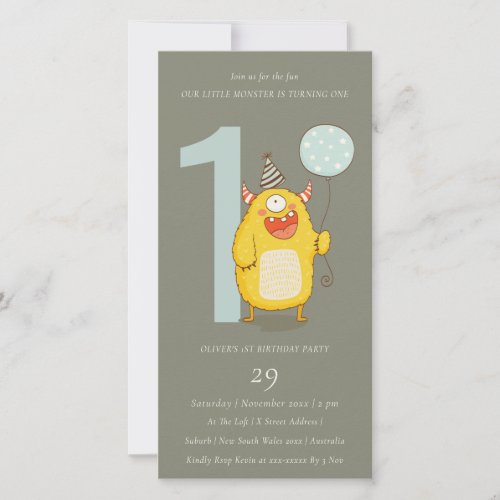 Grey Little Yellow Monster Any Age Birthday Invite