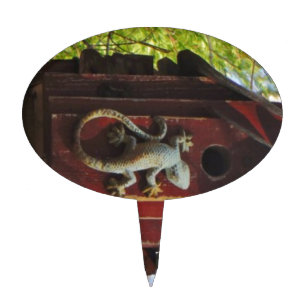 grey lizard on worn wood cake topper