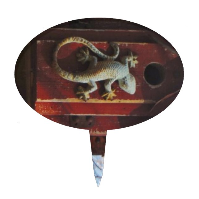 grey lizard on worn wood cake topper (Front)