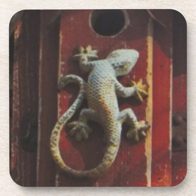 grey lizard on worn wood drink coaster (Front)