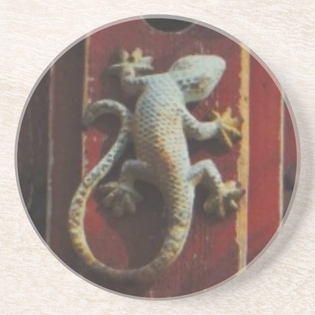 grey lizard on worn wood drink coaster (Front)