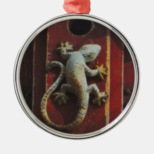 grey lizard on worn wood metal ornament (Front)