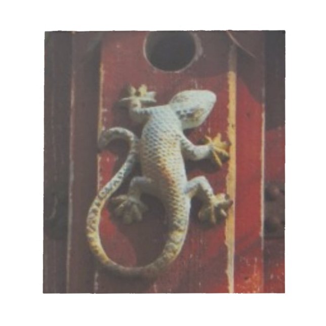 grey lizard on worn wood notepad (Front)