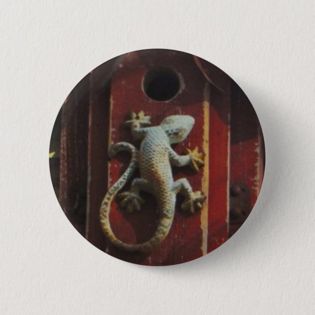 grey lizard on worn wood pinback button (Front)