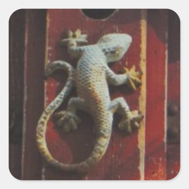 grey lizard on worn wood square sticker (Front)