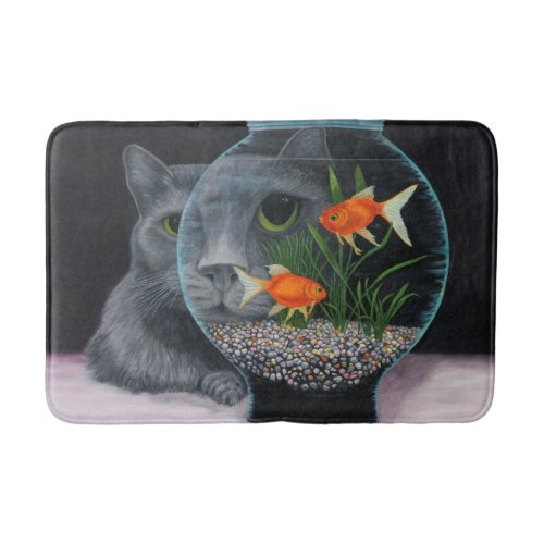Grey Long Haired Cat and Fishbowl Bathroom Mat