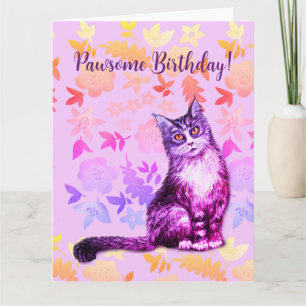Grey long haired cat floral card