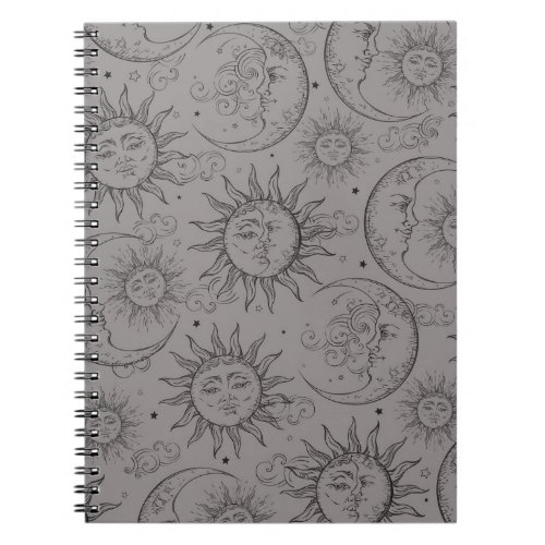 Grey Magic Vintage Celestial Sun Moon Stars Notebook