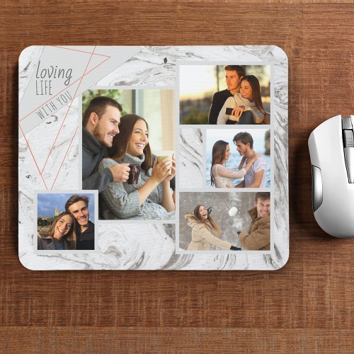 Grey Marble 5 Photo Collage _ Loving Life with You Mouse Pad