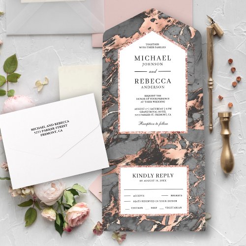 Grey Marble and Faux Rose Gold Foil Wedding All In One Invitation