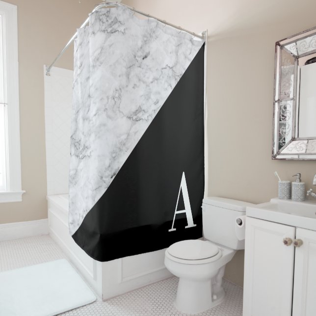 Grey Marble Black Triangle Color Block Monogram Shower Curtain (In Situ)