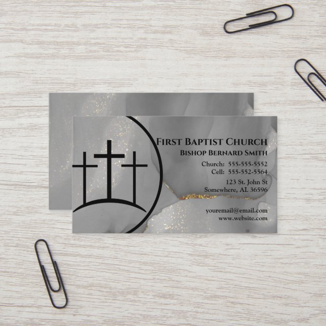Grey Marble Cross Church Pastor or Deacon Business Card (Front/Back In Situ)