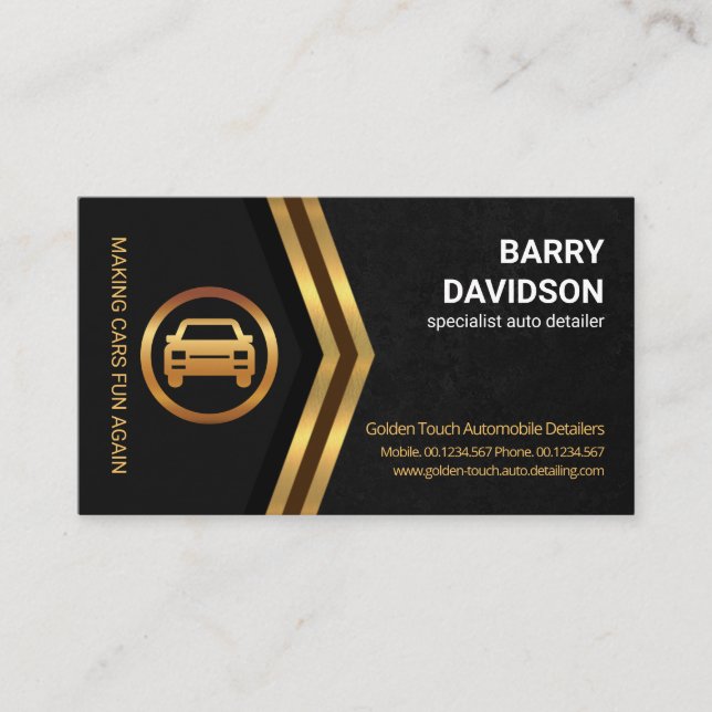 Grey Marble Grunge Golden Arrows Car Detailing Business Card (Front)