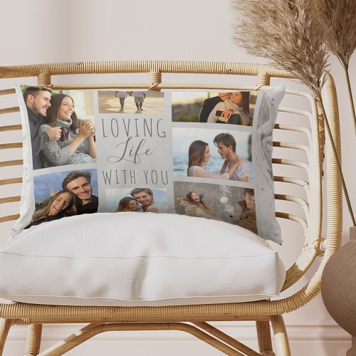 Grey Marble Loving Life with You _ 7 Photo Collage Lumbar Pillow