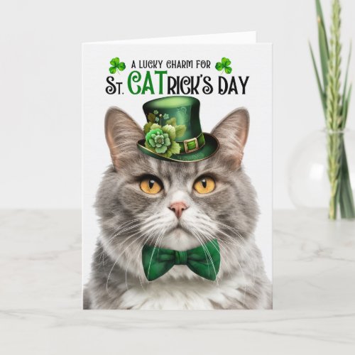 Grey Marble Tabby Cat St CATricks Day Lucky Charm Holiday Card
