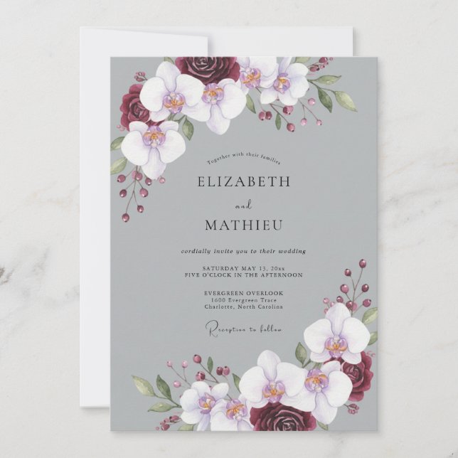 Grey Maroon Orchid Wedding Invitation (Front)