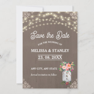 Grey Mason Jar Rustic Flower String Lights Save The Date