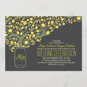grey mason jar yellow flowers wedding invitation