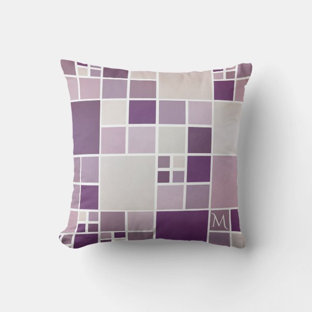 Grey Mauve Monogram Mosaic Pattern Pillow (Front)