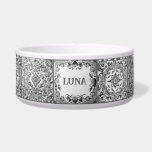Grey Mediterranean Tile Custom Dog Cat Pet Name Bowl<br><div class="desc">"personalized custom pet name",  "dog cat feeding bowl",  "grey gray and white",  "authentic mediterranean ceramic tile",  "traditional spanish painted painting",  "square tiled floral abstract tiles",  "vintage antique customized bowl",   "personal puppy kitten feed dish",  "italian sicilian portuguese style",  "stylish folk flower art"</div>