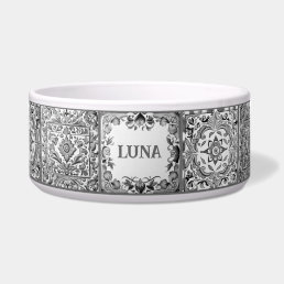 Grey Mediterranean Tile Custom Dog Cat Pet Name Bowl