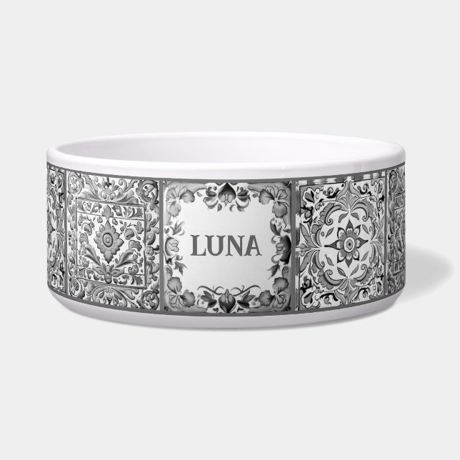 Grey Mediterranean Tile Custom Dog Cat Pet Name Bowl (Front)