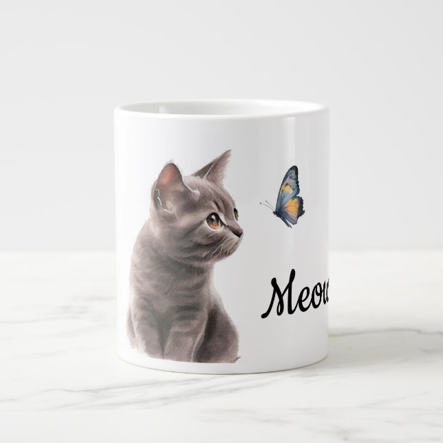Grey Meow Cat  Giant Coffee Mug (Front)