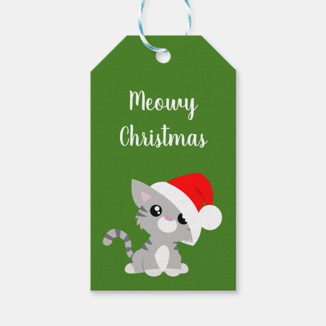 Grey Meowy Christmas Kitty Gift Tags (Front)