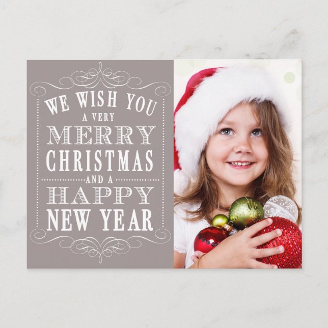 Grey Merry Christmas, Happy New Year Photo Holiday Postcard (Front)