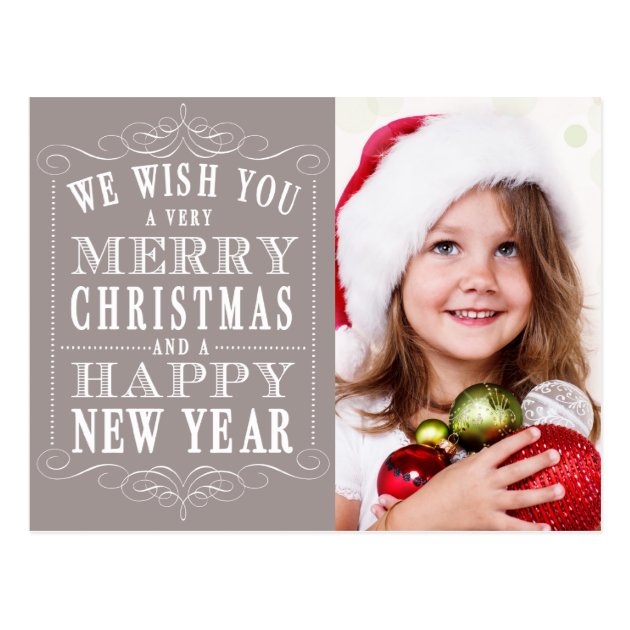 Grey Merry Christmas, Happy New Year Photo Postcard