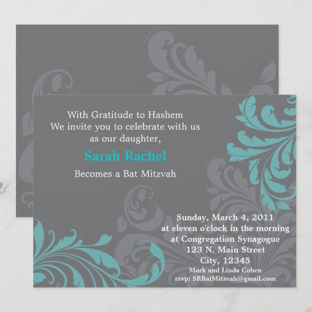 Grey Metalic Damask - blue Invitation (Front/Back)