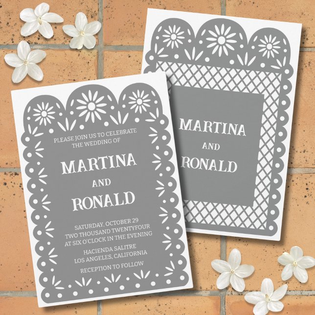 Grey Mexican papel picado wedding invitation (Creator Uploaded)